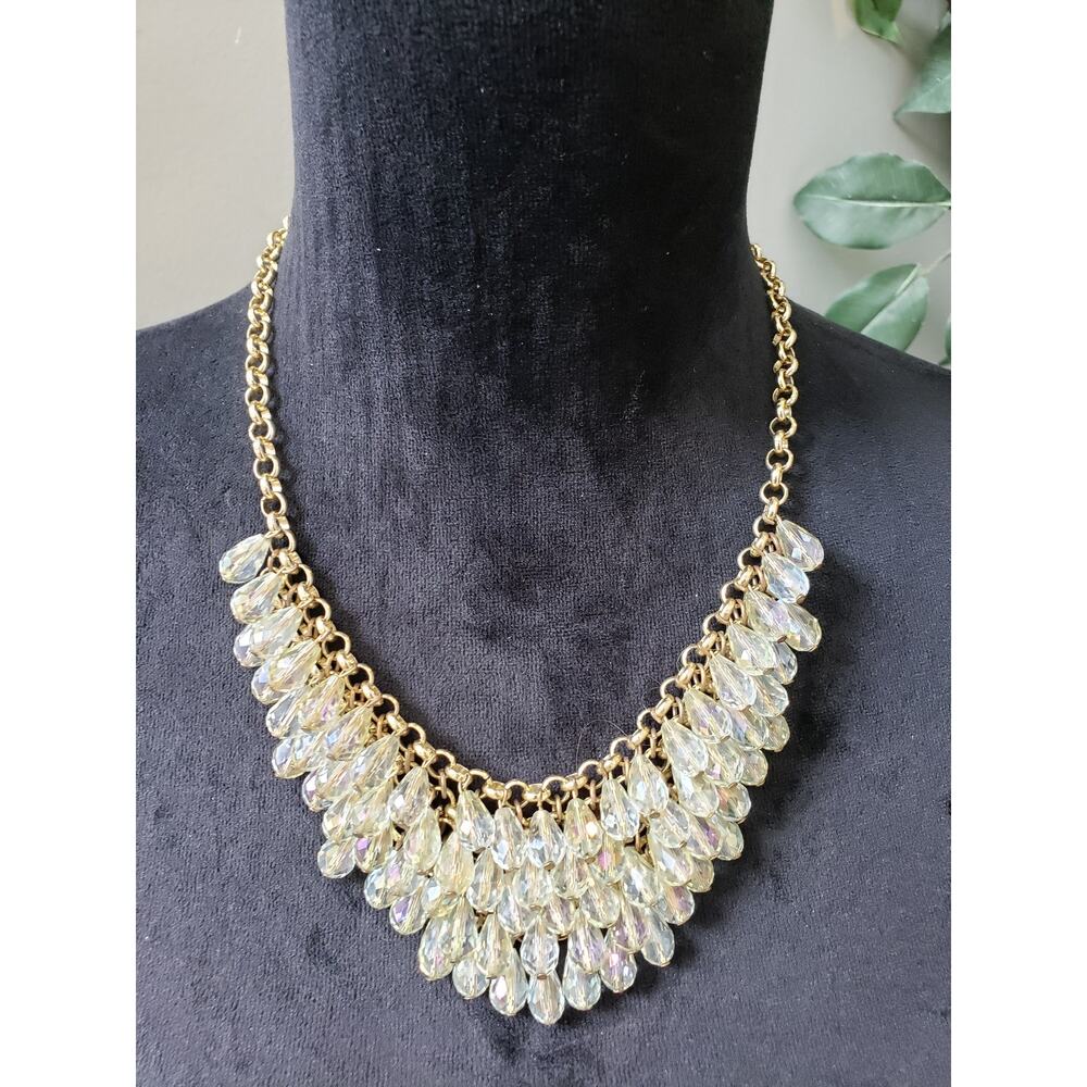 Womens Crystal Teardrop Statement Necklace Gold Tone Chain Lobster Clasp Elegant
